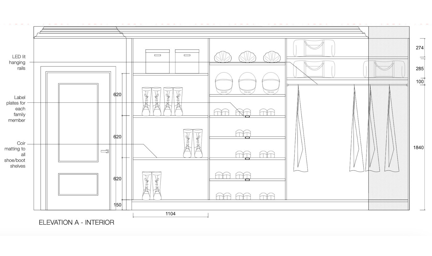 The schematics and design plans for a custom cupboard and storage in a boot room.