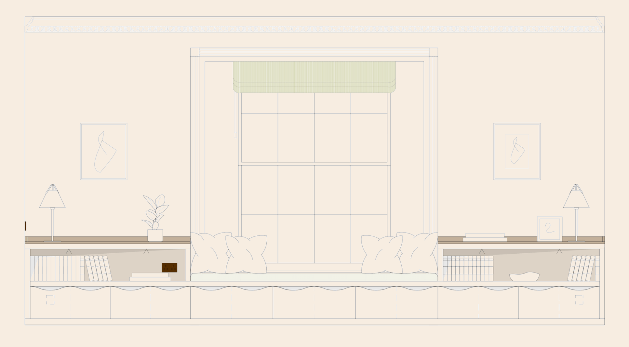 A detailed elevation showing the bespoke joinery used in the 15th Century Manor interior design project to create a window seat and surrounding cabinetry.