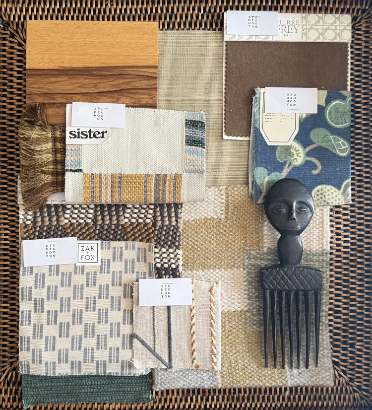 A rich, warm and colourful selection of fabrics and swatches used to build the fabric scheme of the 15th Century Manor interior design project.