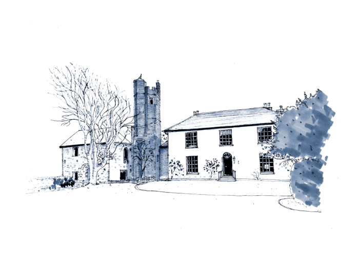A blue, black and white watercolour illustration showing the whole property of the 15th Century Manor interior design project.