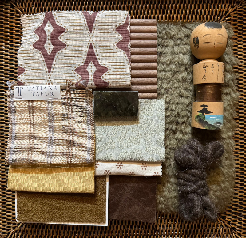 A selection of different fabrics, swatches and samples, rich and warm in nature that form part of the design scheme of the Avoriaz chalet interior design project.