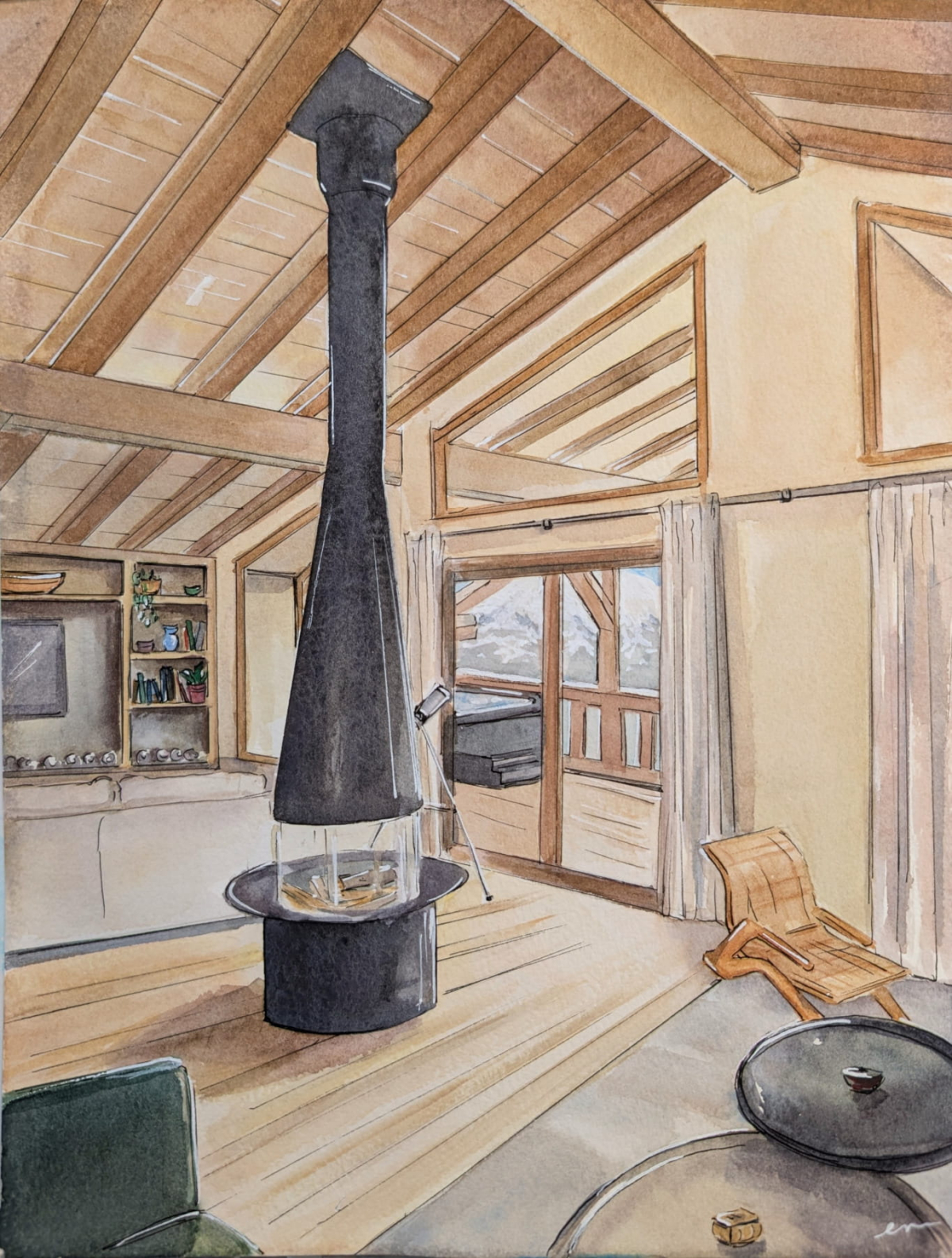 A charming warm watercolour scene of the interior of the Avoriaz Chalet showing a large modern black, floor to ceiling wood burner, wooden floors, and pitched, beamed roof.