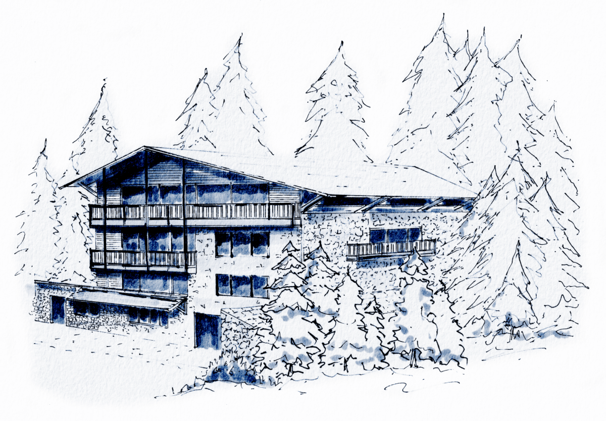 A black, blue and white watercolour sketch of a large wooden chalet surrounded by trees. A Studio Hooton Interior Design Project.