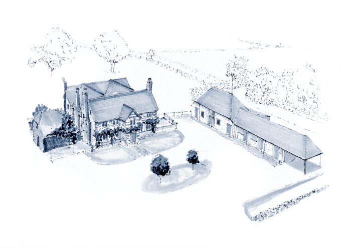 A blue and white watercolour illustration showing an elevated view of a large equestrian farmhouse in the English countryside.