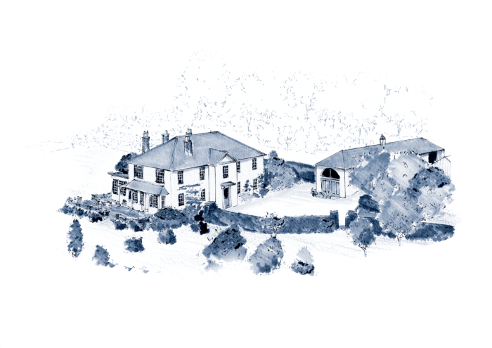 A blue and white watercolour illustration showing an elevated view of the interior design project for a large Hampshire countryside estate.