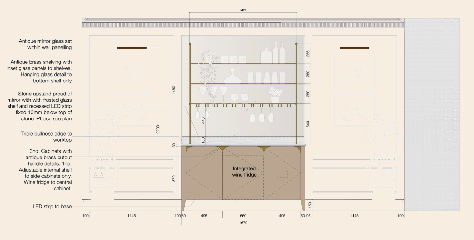 A large and detailed elevation of bespoke joinery in the Kensington Mews House interior design project to create an elegant drinks cabinet complete with brass shelving, antique mirror glass and stone countertop. Inside is a integrated wine fridge.