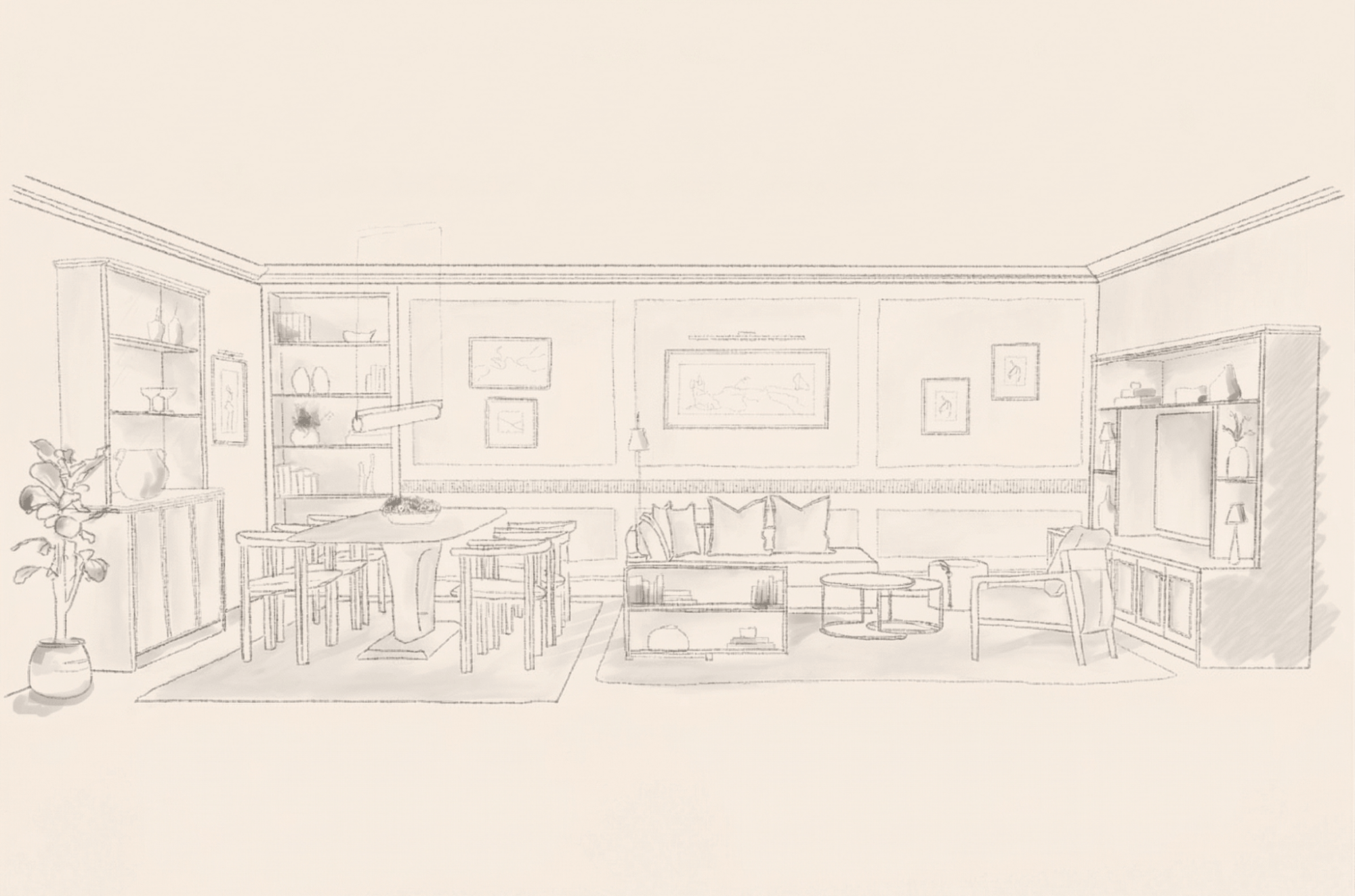A pencil drawn illustration of the living room / dining room of the Kensington Mews House interior design project.
