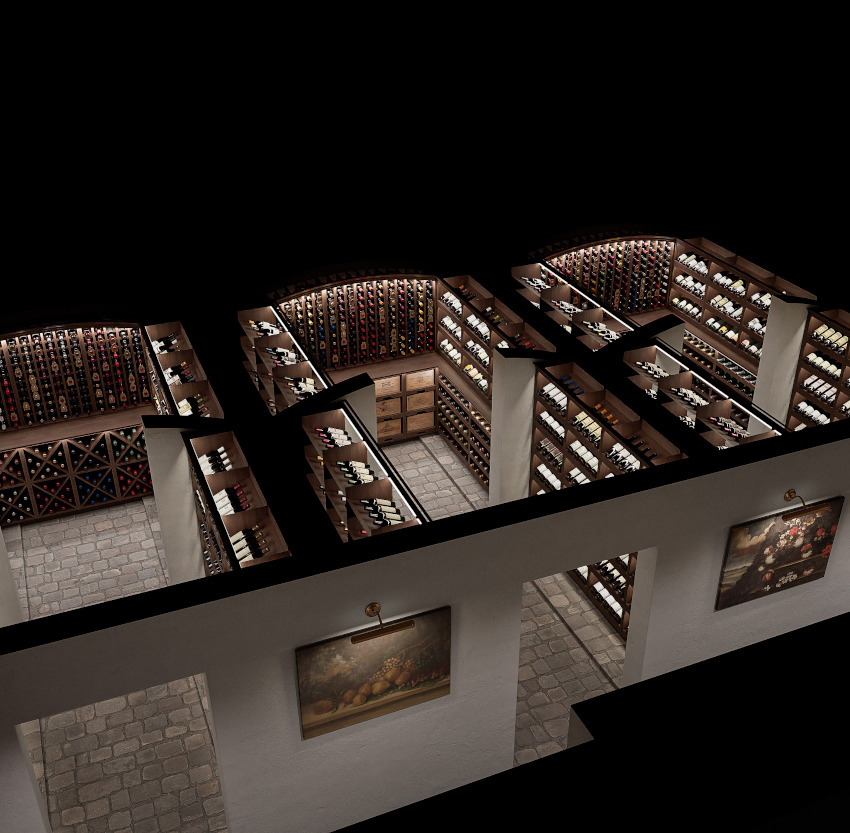 A 3d render aerial view of the 3 chambered underground stone floored wine cellar as part of the Queen Anne Interior Design Project.