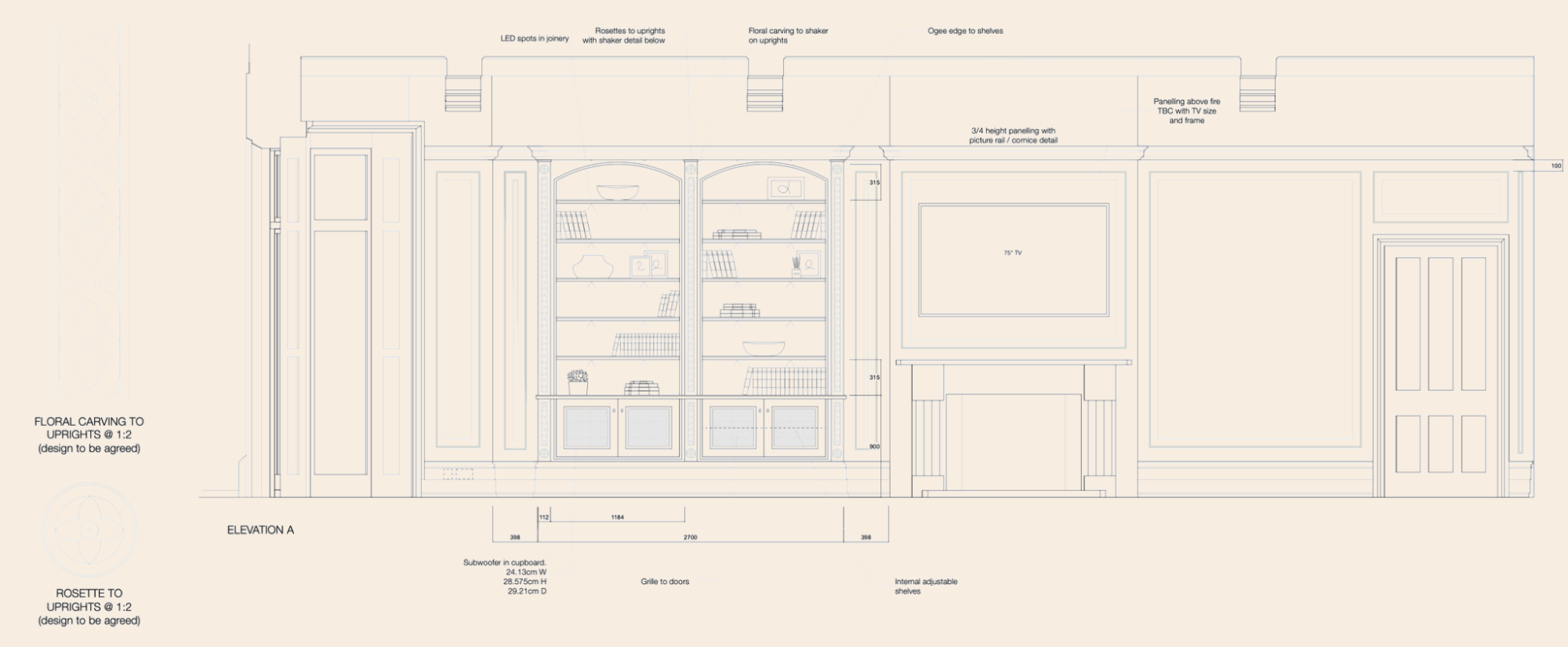 A detailed elevation showing the side of a room incorporating bespoke joinery as part of the Queen Anne Interior Design Project.