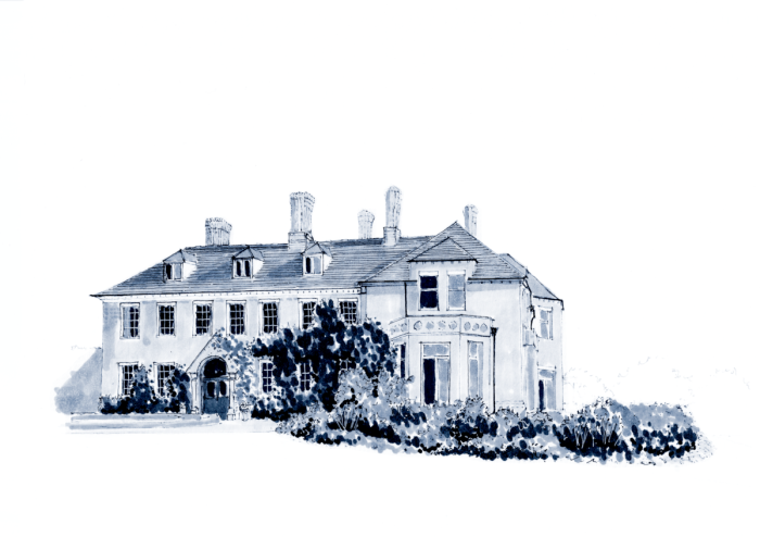 A blue and white watercolour illustration of the Queen Anne Interior Design Project.