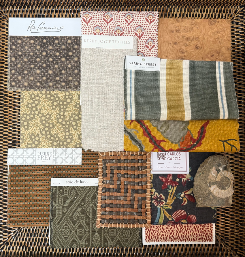 A selection of different colourful swatches of fabrics and textiles and tiles used as part of the Queen Anne Interior Design Project.