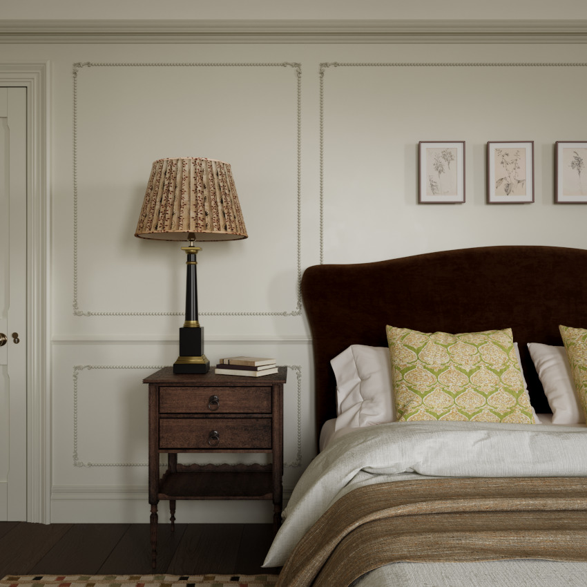 A close up of the masted bed showing a large dark brown fabric headboard, dark wood bedside table, floral table lamp against a soft coloured panelling as part of the Queen Anne Interior Design Project