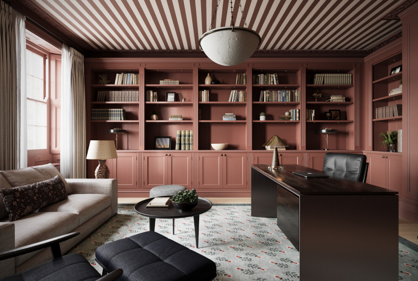 The study of the Queen Anne Interior Design Project showing a large dark wood mid-century desk, coffee table and armchair, alongside floor to ceiling bespoke shelves and cupboards. the ceiling is painted in an ornate brown and white stripe while a large white half bowl lampshade is suspended from the ceiling.