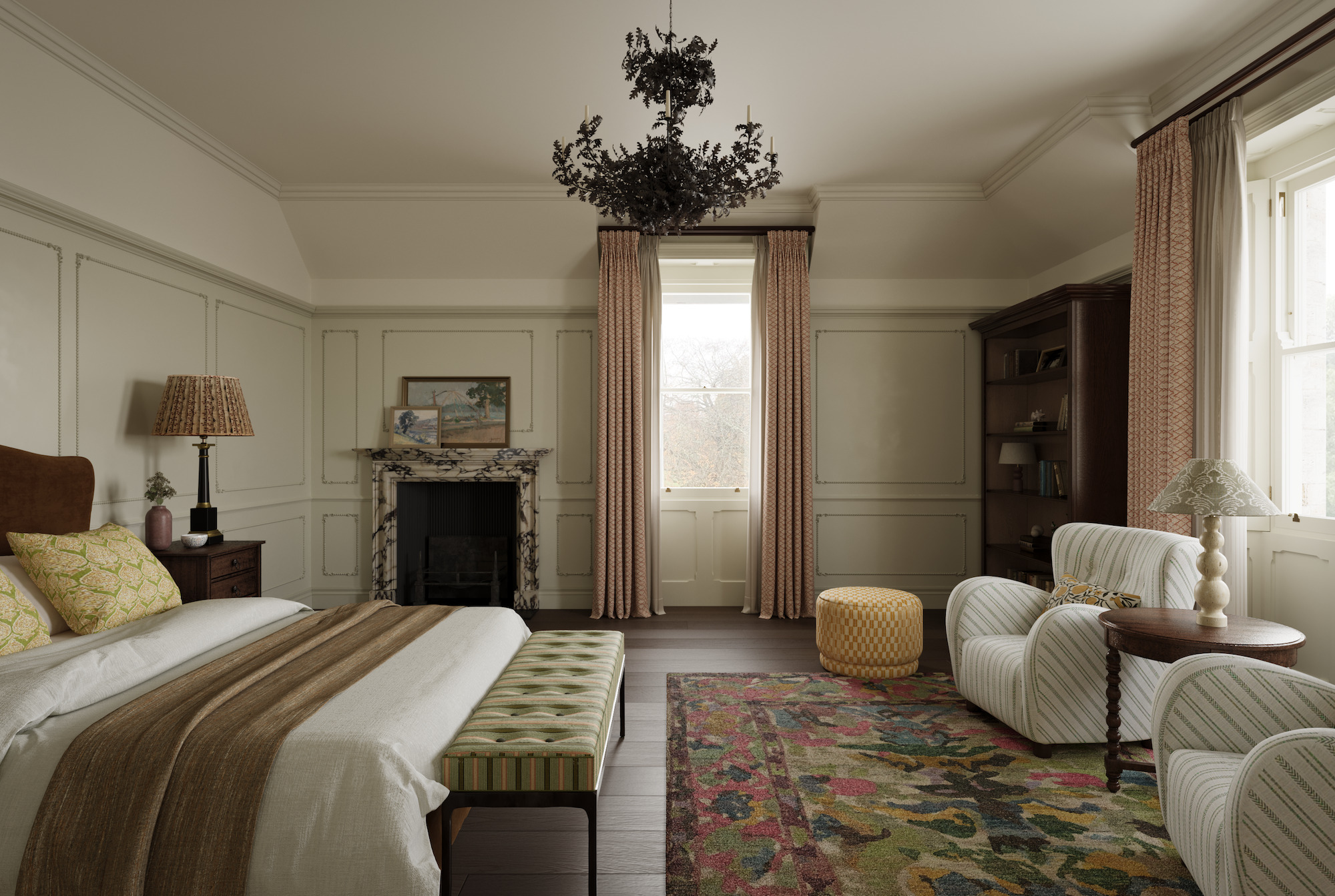 A window view of the master bedroom shows an ornate panelled bedroom with kind sized bed, colourful rug, two white armchairs, bookcase and a large black metal floral chandelier as part of the Queen Anne Interior Design Project.