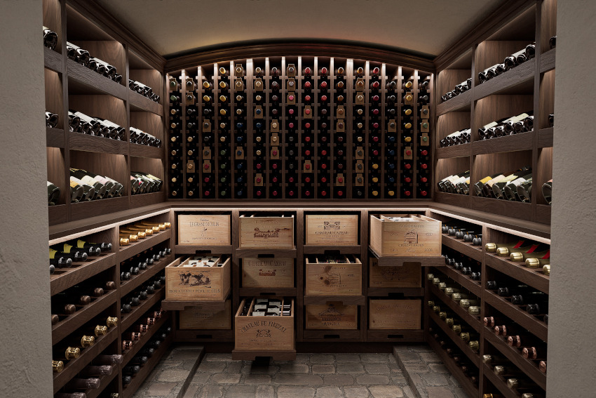 A CGI view of the completed underground wine cellar showing a beautifully lit brown coloured cellar with a variety of shelves and drawers full of different coloured wine bottles as part of the Queen Anne Interior Design Project.