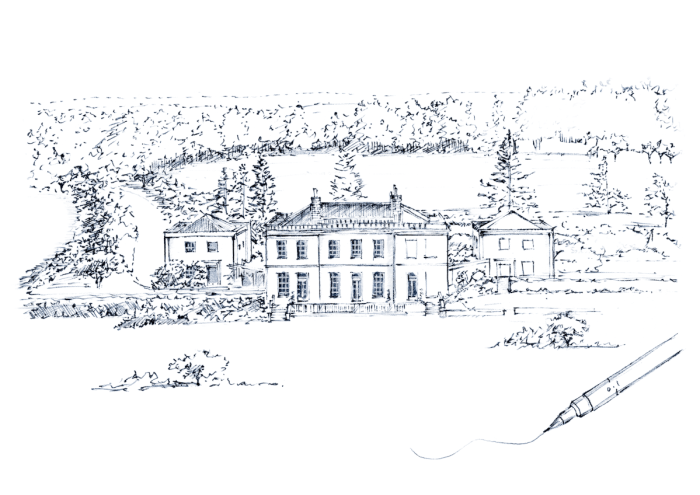 A black and white pen drawing of a large historic country property with a fountain pen on the right hand side. Used as a 'Coming soon' image on the Studio Hooton project portfolio.
