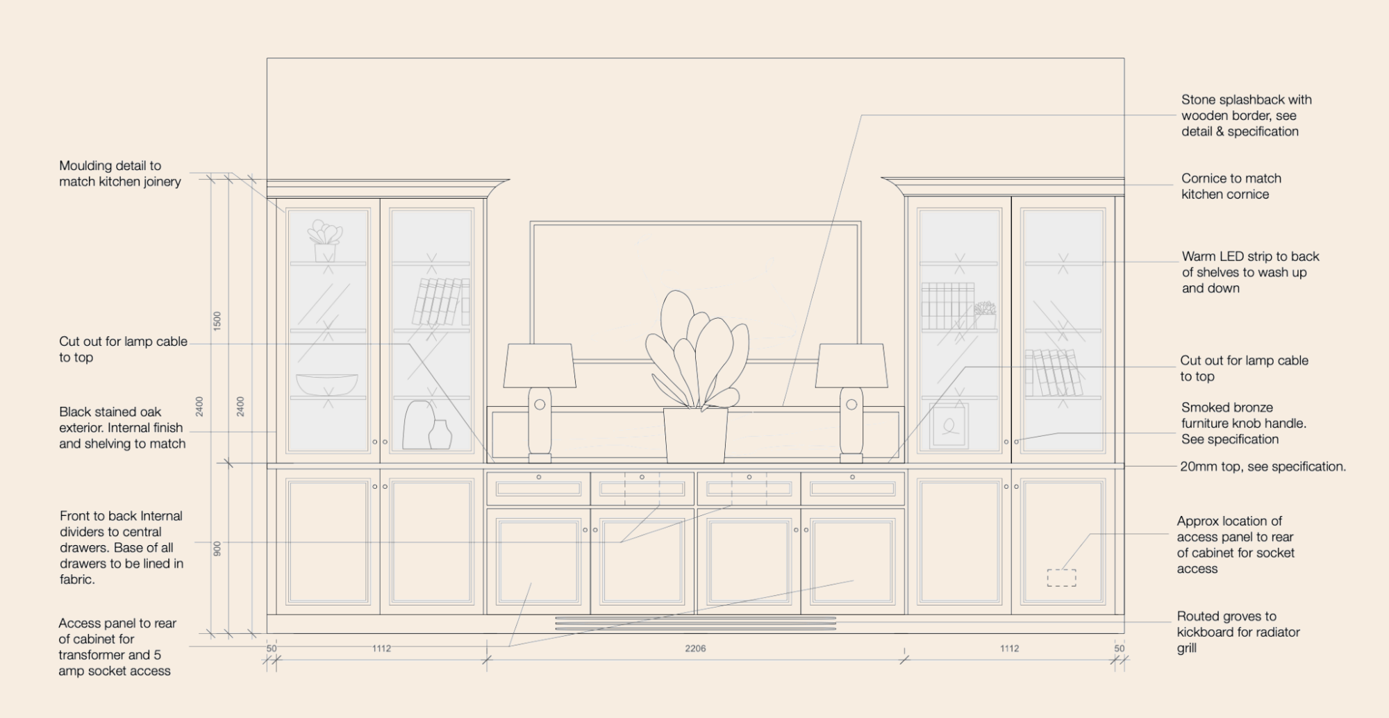The elevation for a piece of bespoke joinery in the The ground floor floor plan of the Sussex Estate Interior Design project