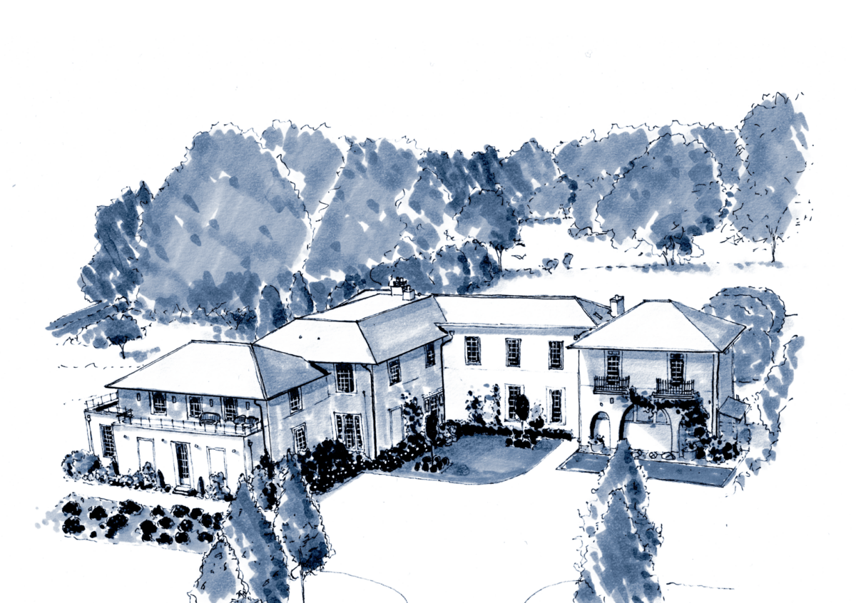 A blue and white watercolour illustration of the Sussex Estate Interior Design project.