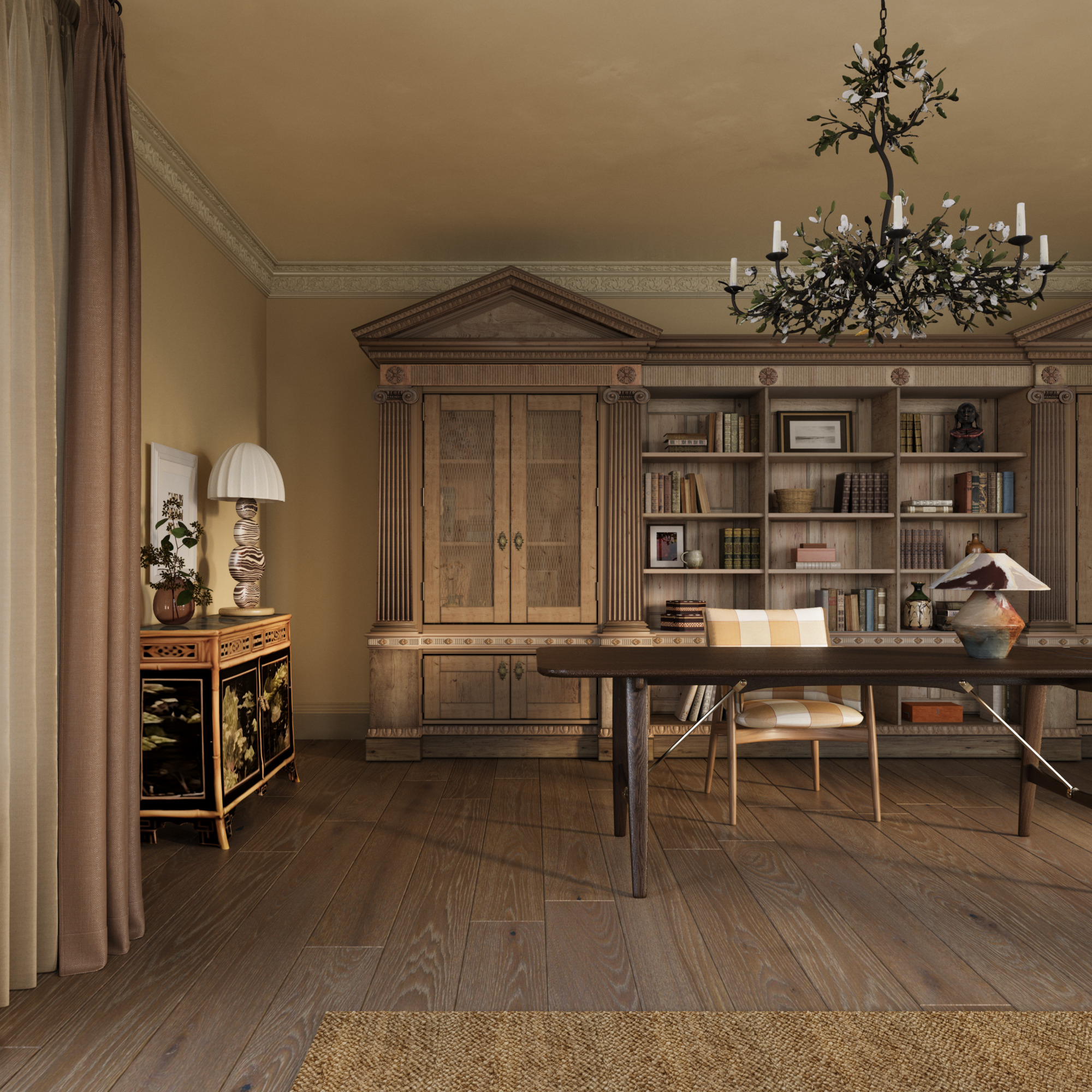 The large library Sussex Estate Interior Design project showing bespoke joinery shelving, a wooden floor and an ornate metal floral chandelier