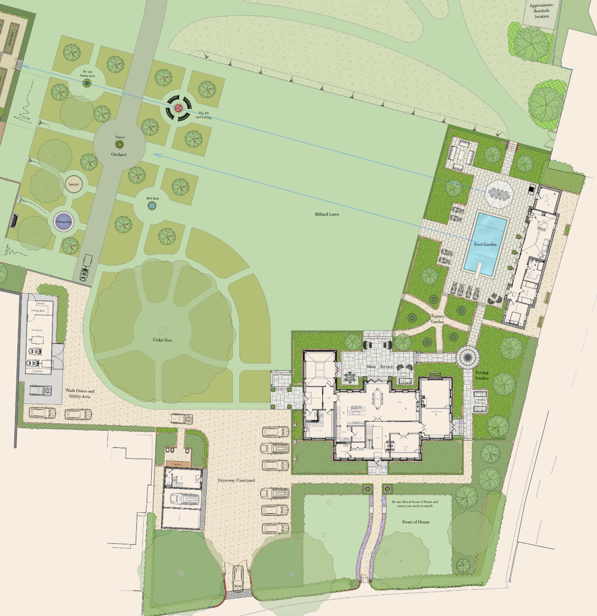 A detailed estate plan showing the house, grounds and gardens of the West Sussex House interior design project.