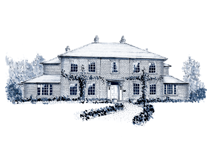 A blue and white ink watercolour illustration showing the from view of a large West Sussex period property