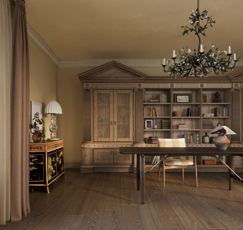 A large wooden floored home library showcases a large wooden, almost industrial desk, statement chandelier light and a bespoke joinery to create an impressive classical designed bookcase and shelving in an English country property.