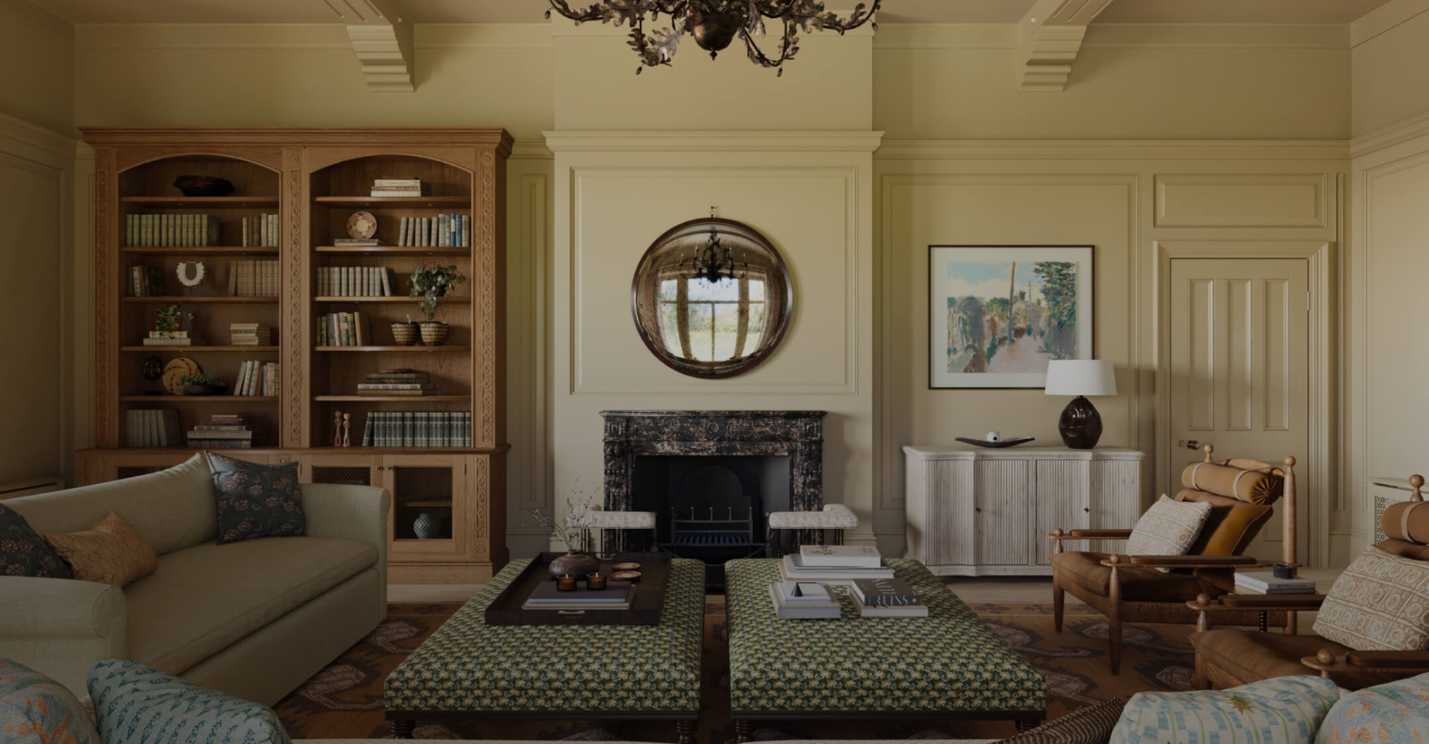 The hero image of a luxury English country property living room from Studio Hooton, Mayfair.