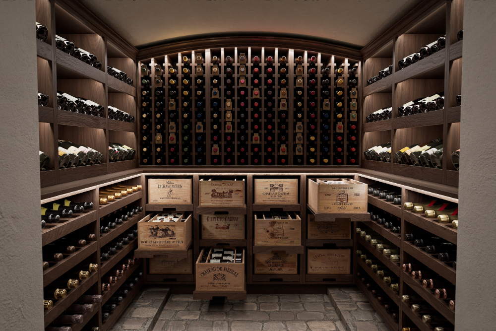 A classic modern wine cellar using brown wooden shelving and flagstone flooring. Bespoke drawers create a pull out wine racks. The entire room floor to ceiling is surrounded by bottles of wine which catch the light. Design by Studio Hooton of Mayfair.