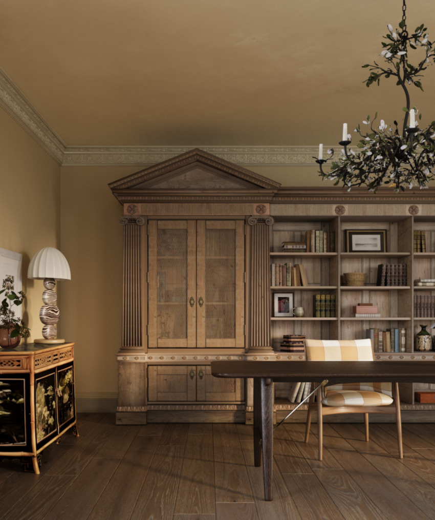 A large historic room shows beautifully crafted bespoke cabinetry and joinery. A desk sits in the foreground of the picture above which a large black metal floral chandelier is suspended from the ceiling. Used to demonstrate the joinery skills of Studio Hooton's interior design services.