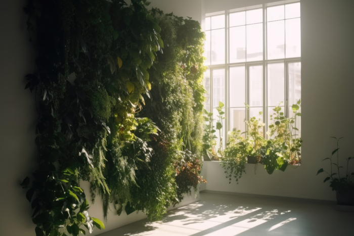 On the left is a large indoor green garden wall draped with heavy green foliage which reaches down to the floor to demonstrate the use of biophilic interior design in a space. To the right is a large loft style window with a heavy white light illuminating a windowsill filled with a variety of green plants.
