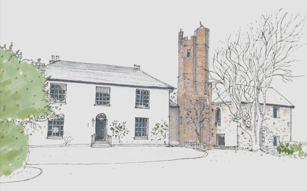 A watercolour painting of a 15th Century manor house interior design project shows a large wide fronted property with a large two storey red brick tower next to it.